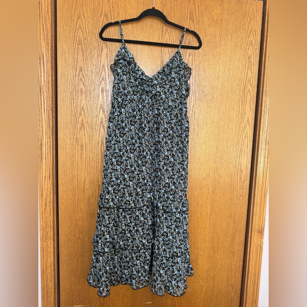 Elegant Black with Blue & White Floral Midi Dress